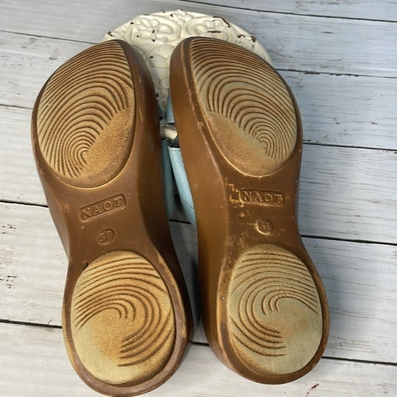 Naot Shades of Blue and Beige Leather Flower Embellished Slide Sandals - Picture 12 of 12